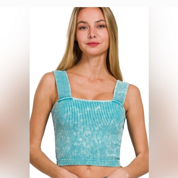 Zenana Outfitters Tops - Ice Blue Washed Ribbed Seamless Top With Bra Pads NWOT